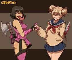 2d ass axe blonde_hair blood bloody_knife castleart concealed_weapon crazy_eyes crossover dark_hair eastern_and_western_character fangs female female/female female_only friends grinning himiko_toga knife light_skin mileena mortal_kombat mortal_kombat_11 my_hero_academia netherrealm_studios pale_skin schoolgirl_uniform shaking shaking_hands smiling smiling_at_another tarkatan teeth tongue tongue_out yellow_eyes rating:Questionable score:97 user:toprockz