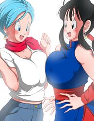 2girls bangs black_eyes black_hair blue_eyes blue_hair blush breast_press breast_squeeze breasts_to_breasts bulma_briefs chichi cleavage clothing dragon_ball dragon_ball_(classic) dragon_ball_super dragon_ball_z earrings fusion hazama_null jeans large_breasts midriff milf open_mouth ponytail potara_earrings short_hair teenage_girl teenager time_paradox tongue rating:Explicit score:177 user:Duncan33303