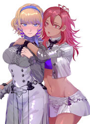 2girls 4chi antenna_hair bangs bare_midriff blonde_hair blue_eyes blue_hairband blush breasts commentary constance_von_nuvelle cowboy_shot crop_top cropped_jacket dark-skinned_female dark_skin drill_hair female female_only fire_emblem fire_emblem:_three_houses garreg_mach_monastery_uniform grey_shirt groin hairband hapi_(fire_emblem) high-waist_skirt highres hug hugging_from_behind jacket lesbian long_hair long_sleeves looking_at_viewer medium_breasts microskirt midriff multiple_girls navel nintendo nose_blush open_clothes open_jacket pink_eyes pink_hair purple_shirt shirt short_hair simple_background skirt skirt_set standing stomach sweat white_background white_jacket white_skirt wholesome yuri rating:Safe score:116 user:LowKey99