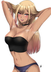 armpits arms_up bare_arms black_choker blonde_hair blush breasts choker cleavage dark-skinned_female dark_skin female gyaru highres kitagawa_marin long_hair multicolored_hair navel piercing pink_hair red_eyes sharp_teeth smile solo sono_bisque_doll_wa_koi_wo_suru strapless sweat teeth tongue tongue_out tongue_piercing xtermination rating:Explicit score:268 user:Gruhgruh123