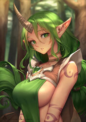 1girls big_breasts breasts celestial_(league_of_legends) clothed clothed_female clothing dress dryad_soraka eclipse_series elderwood_series elf female female_focus female_only forest green_eyes green_hair horn large_breasts league_of_legends light-skinned_female light_skin long_hair looking_to_the_side oopartz_yang outdoors outside pointy_ears ponytail side_view solo soraka tattoo rating:Questionable score:276 user:ra2or