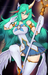 1girls big_breasts breasts female female_only gloves green_eyes green_hair horn large_breasts league_of_legends lindaroze long_hair on_one_leg pale-skinned_female pale_skin pointy_ears skirt solo soraka staff standing star_guardian_series star_guardian_soraka thighhighs weapon rating:Safe score:80 user:ra2or