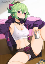 bedroom breasts cameltoe choker erect_nipples erect_nipples_under_clothes ett female female_only genshin_impact green_hair jacket kuki_shinobu midriff navel ninja panties ponytail purple_eyes shorts spread_legs tank_top underwear white_panties rating:Explicit score:291 user:Monalicious