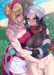 2girls akari_(pokemon) bare_shoulders beach black_eyes black_hair blonde_hair blue_eyes breasts cleavage commentary_request covered_nipples fingering head_scarf heart heart-shaped_pupils highres irida_(pokemon) looking_at_another medium_breasts mizuumi_(bb) multiple_girls nintendo outdoors pokemon pokemon_(game) pokemon_legends:_arceus pussy_juice red_scarf sand scarf short_hair shorts sweat symbol-shaped_pupils thighs white_shorts yuri rating:Explicit score:254 user:bot