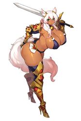 armor cat_ears dark-skinned_female dark_skin green_eyes gurimjang sword white_hair rating:Explicit score:101 user:SandsGoddess