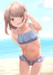 1boy 2020 arm_behind_back arm_up armpits ball_bulge beach bikini blue_bikini blush brown_eyes brown_hair bulge cloud crossdressing eyebrows_visible_through_hair femboy frilled_bikini frills girly hand_on_head head_tilt highres hokuro_ryuuseigun leaning_forward looking_at_viewer male male_only matching_hair/eyes momo_(hokuro_ryuuseigun) ocean open_mouth original sand sky smile solo standing swimsuit thighs tongue trap water rating:Questionable score:285 user:Blookryynnn