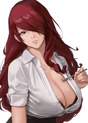 areolae atlus female_only hair_covering_eye huge_breasts j@ck long_hair mitsuru_kirijo office_lady pen persona persona_3 red_hair solo solo_female white_shirt rating:Questionable score:235 user:kawacuminme