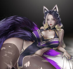 9_tails ahri animal_ear_fluff animal_ears animal_girl black_hair blonde_hair clothing coven_ahri eclipse_series eyelashes eyeliner eyeshadow facial_markings female fluffy fluffy_ears fluffy_tail fluffy_tails fox fox_ears fox_girl fox_tail furry_tail hair_over_one_eye humanoid inner_ear_fluff kemonomimi kitsune league_of_legends light-skinned_female light_skin lohel long_hair mulicolored_hair multiple_tails nine_tailed_fox pale-skinned_female pale_skin riot_games tail teal_eyes uncensored vastaya video_games rating:Explicit score:29 user:LewdVesani