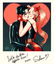 2dnsfw 2dswirl 2girls artist_signature batman_(series) black_hair blonde_hair catwoman closed_eyes dc dc_comics eyeshadow female female/female female_only french_kiss hairbow harley_quinn heart kissing lipstick_mark makeup photo_(object) selina_kyle tongue tongue_kiss twintails yuri rating:Questionable score:151 user:GregorZoom