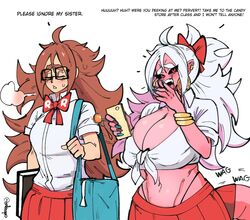 2021 2girls android_21 android_21_(evil) android_21_(human) auburn_hair big_breasts black_sclera blue_nail_polish blue_nails breasts brown_hair cleavage dragon_ball dragon_ball_fighterz embo english_text female glasses gyaru large_breasts lollipop long_hair majin_android_21 monster_girl painted_nails phone pink_skin red_eyes red_nail_polish red_nails school_uniform schoolgirl tail text white_hair rating:Questionable score:270 user:Potatoman25