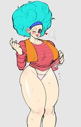 1girls 2020 afro bare_legs blue_eyes blue_hair bulma_(afro) bulma_briefs dragon_ball dragon_ball_z embo hi_res looking_at_viewer no_pants one_eye_closed solo thick_thighs thong rating:Explicit score:122 user:Potatoman25