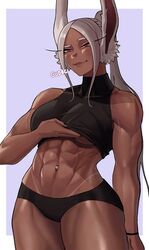 1girls big_breasts bracelet breast breasts bunny_ears bunny_girl bunny_tail dark-skinned_female dark_skin female fully_clothed gud0c leggings miruko mismatched_tanlines muscles muscular_female my_hero_academia navel navel_piercing red_eyes rumi_usagiyama smile smiling smiling_at_viewer smirk smirking solo sportswear tanline thong underboob vascular white_hair workout_clothes rating:Questionable score:329 user:Hizizi