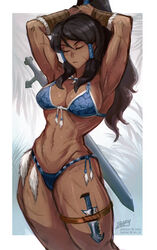 1girls abs amazon armpits arms_up athletic_female avatar_the_last_airbender biceps big_hair bikini bikini_armor body_scars boobs breasts claymore_(sword) cleavage closed_eyes cosplay cowboy_shot dark-skinned_female dark_skin female female_only female_protagonist fit_female focused fur_trim good_artwork hair_tubes iahfy knife knife_on_leg korra long_hair medium_breasts muscles muscular muscular_female nickelodeon quads scars sideboob simple_background solo standing swimsuit sword sword_on_back tassels the_legend_of_korra thick_thighs thin_waist tomboy toned_female tooth_necklace tri_tails triceps tying_hair warrior water_tribe wrist_wraps rating:Questionable score:521 user:justausername