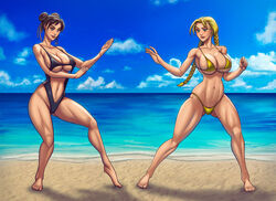 2girls beach bikini blonde_hair blue_eyes brown_eyes brown_hair cammy_white capcom chun-li derushy large_breasts revealing_swimsuit seaside street_fighter swimsuit thick_thighs twin_braids twintails voluptuous rating:Questionable score:44 user:TheKindHaremMaster