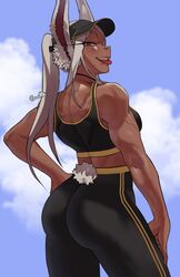 1girls artist_signature ass back_muscles back_view bunny_tail cloud dark-skinned_female dark_skin exercise_clothing female fully_clothed gud0c hat hi_res looking_at_viewer looking_back miruko muscular muscular_female my_hero_academia rabbit_ears red_eyes rumi_usagiyama smile solo sports_bra sportswear sun_visor sweat tank_top toned toned_female tongue tongue_out white_hair workout_clothes yoga_pants rating:Safe score:253 user:Hizizi