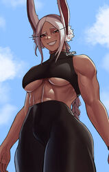 1girls ass big_ass big_breasts big_butt braid braided_hair braided_ponytail breast breasts bunny_ears bunny_girl bunny_tail dark-skinned_female dark_skin female fully_clothed gud0c huge_breasts huge_butt leggings looking_down miruko muscles muscular_female my_hero_academia red_eyes rumi_usagiyama smile smiling smiling_at_viewer smirk smirking solo sports_uniform sportswear sweat sweaty underboob white_hair workout_clothes rating:Questionable score:291 user:Hizizi