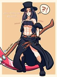 1girls abs big_breasts brad_nsfw cleavage dark_hair dress fighter goth guilty_gear guilty_gear_strive pale_skin scythe skirt squished_breasts straining surprised testament_(guilty_gear) top_hat underboob rating:Questionable score:36 user:Darkchild130