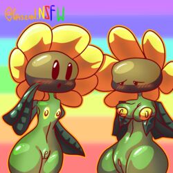 2girls big_breasts chszan_chan green_body homosexual looking_at_another plantie plants_vs_zombies pussy shy small_breasts smile sunflower sunflower_(pvz) yuri rating:Explicit score:12 user:Chszanchan