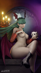 1girls 3d aanix areolae bat_wings big_breasts boots breasts capcom crossed_legs darkstalkers female female_only green_eyes green_hair high_heel_boots hime_cut long_hair looking_at_viewer medium_breasts morrigan_aensland navel nipples nude sitting skull smile solo succubus thick_thighs wings wings_on_head rating:Explicit score:85 user:DeuceJuicem