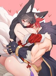 1boy 1girls ahri animal_ears big_ass big_breasts black_hair blush braid braided_hair closed_eyes cute face_in_breasts female fingerless_gloves fox_ears fox_girl fox_tail hand_on_another's_head hug hugging japanese_clothes kemonomimi kitsune league_of_legends long_hair male multiple_tails muscular_male off_shoulder red_hair sett sleeveless smile smothering sweatdrop vastaya wholesome yabby rating:Explicit score:233 user:deleted7012