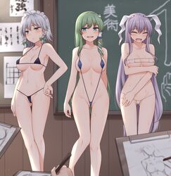 3girls animal_ears arm_under_breasts bare_arms bare_legs bare_shoulders bikini blue_eyes blurry blurry_background blush braid breasts chalkboard closed_eyes collarbone commentary drawing embarrassed eyepatch_bikini frog_hair_ornament gluteal_fold green_hair grey_eyes grey_hair hair_ornament hair_tubes hand_on_hip highres indoors long_hair maid_headdress medium_breasts micro_bikini miyo_(ranthath) modeling multiple_girls navel open_mouth purple_hair rabbit_ears reisen_udongein_inaba revealing_clothes sakuya_izayoi sanae_kochiya short_hair sketching slingshot_swimsuit snake_hair_ornament standing string_bikini sweat swimsuit thigh_gap touhou twin_braids very_long_hair rating:Questionable score:144 user:DemonKitty15