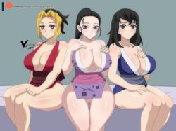 3girls agung911 big_breasts black_hair blonde_hair blue_eyes brown_eyes cleavage demon_slayer female female_only hinatsuru_(kimetsu_no_yaiba) huge_breasts japanese_clothes kimetsu_no_yaiba kunoichi long_hair looking_at_viewer makio_(kimetsu_no_yaiba) mole_under_eye mosaic_censoring no_bra no_panties obi pelvic_curtain ponytail purple_eyes revealing_clothes sitting skimpy_clothes sleeveless smile suma_(kimetsu_no_yaiba) the_wives_(kimetsu_no_yaiba) thick_thighs thigh_gap two_tone_hair wide_hips rating:Explicit score:76 user:deleted7012