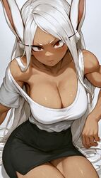  1girls abs absurdres ai_generated animal_ears bare_shoulders boku_no_hero_academia bra breasts cleavage collarbone dark-skinned_female dark_skin female highres large_breasts long_hair looking_at_viewer miruko my_hero_academia office_lady parted_bangs parted_lips rabbit_ears rabbit_girl rabbit_tail red_eyes red_nails rumi_usagiyama solo tail throbberino very_long_hair white_bra white_hair  rating:questionable score: user:throbberino