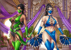 2girls black_hair bladed_fan bladed_weapon blue_outfit chocolate_and_vanilla cleavage clothed commission dark-skinned_female dark_skin detailed_background edenian face_mask fan female_only green_outfit jade_(mortal_kombat) kitana light-skinned_female light_skin long_hair looking_at_viewer mortal_kombat mortal_kombat_1_(2023) staff thigh_high_boots thighhighs thighs thotlerrr treartz rating:Questionable score:26 user:Private_Geek