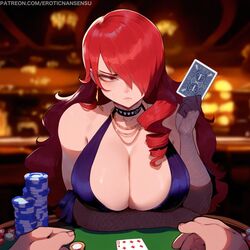 1girls ai_assisted ai_generated atlus big_breasts breast_focus casino choker cleavage curvy dress drill_hair earrings erotic_nansensu fishnet_armwear fishnets furrowed_brow hair_over_one_eye huge_breasts long_hair mitsuru_kirijo necklace partial_male patreon_username persona persona_3 playing_card pov red_eyes red_hair table wavy_hair rating:Questionable score:200 user:donkeyskin