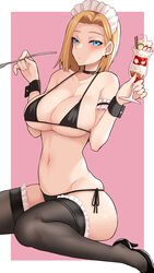 android_18 bakumanbakuman0695 black_bikini black_bra black_choker black_high_heels black_panties black_stockings black_swimsuit blonde_hair blue_eyes blush choker dragon_ball earrings holding holding_ice_cream holding_object holding_spoon large_breasts long_hair maid maid_bikini maid_headdress medium_hair thick_thighs thighhighs thighs uncensored underwear rating:Explicit score:149 user:HentaiHaremKing