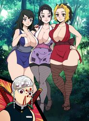 1boy 3girls big_breasts black_hair blonde_hair breast_squish breasts cleavage curvaceous curvy curvy_figure demon_slayer eye_contact female female_focus fishnet_legwear fishnet_thighhighs full_body furanh hand_on_hip harem hinatsuru_(kimetsu_no_yaiba) hourglass_figure huge_breasts husband_and_wives japanese_clothes kimetsu_no_yaiba kunoichi legwear long_hair looking_at_viewer makio_(kimetsu_no_yaiba) mole_under_eye multiple_girls nail_polish nosebleed obi pear_shaped pear_shaped_female pelvic_curtain ponytail red_nails sheer_legwear side_slit smile standing suma_(kimetsu_no_yaiba) tabi the_wives_(kimetsu_no_yaiba) thick_thighs thighhighs thighs two_tone_hair uzui_tengen voluptuous voluptuous_female wide_hips rating:Questionable score:48 user:Mukkypokky