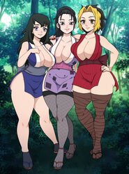 3girls big_breasts black_hair blonde_hair breast_squish breasts cleavage curvaceous curvy demon_slayer eye_contact female female_only fishnet_legwear fishnet_thighhighs full_body furanh hand_on_hip hinatsuru_(kimetsu_no_yaiba) hourglass_figure huge_breasts japanese_clothes kimetsu_no_yaiba kunoichi legwear long_hair looking_at_viewer makio_(kimetsu_no_yaiba) mole_under_eye nail_polish obi pear_shaped pear_shaped_female pelvic_curtain ponytail red_nails sheer_legwear side_slit smile standing suma_(kimetsu_no_yaiba) tabi the_wives_(kimetsu_no_yaiba) thick_thighs thighhighs thighs two_tone_hair voluptuous voluptuous_female wide_hips rating:Questionable score:152 user:Mukkypokky