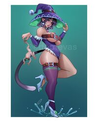 belt_bra beltbra breastless_clothes breastless_clothing edemevas high_heels hoop_earrings horny large_breasts leotard original_character somnia thighhighs witch witch_hat rating:Questionable score:45 user:Scatty3D