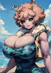 1girls ai_generated antennae ashido_mina big_breasts black_sclera bodysuit boku_no_hero_academia breasts bursting_breasts camouflage cleavage cleavage_overflow covered_navel female female_only grin horns huge_breasts large_breasts looking_at_viewer messy_hair mina_ashido my_hero_academia pink_hair pink_skin short_hair short_jacket skin_tight skindentation solo stable_diffusion superhero_costume superheroine tampopo yellow_eyes rating:Questionable score:92 user:Tampopo