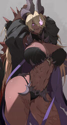 abs arms_up beth_(guardian_tales) big_breasts blonde_hair curvy dark-skinned_female dark_magician_beth dark_magician_beth_(guardian_tales) dark_skin demon demon_girl demon_horns glowing_eyes guardian_tales huge_breasts long_hair mature_female midriff muscular muscular_female open_mouth pink_eyes scar scared thick_thighs ub1mo rating:Questionable score:230 user:Yuron