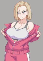 1girls alternate_version_available android_18 blonde blonde_female blonde_hair blonde_hair_female blue_eyes cameltoe cleavage curvy dragon_ball erect_nipples female huge_areolae huge_ass huge_breasts jacket mikoyan open_clothes open_jacket puffy_nipples short_hair sports_bra thick_lips track_jacket track_pants track_suit voluptuous wide_hips yellow_hair rating:Explicit score:244 user:Slashfang