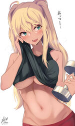 :d absurdres ahoge bangs bare_shoulders black_shirt black_tank_top blonde_hair blush breasts breath clothes_lift cowboy_shot dark-skinned_female dark_skin dated dumbbell dumbbell_nan_kilo_moteru? eyebrows_visible_through_hair female green_eyes groin gyaru highres himuka_(523) holding large_breasts long_hair looking_to_the_side navel oerba_yun_fang open_mouth sakura_hibiki_(dumbbell_nan_kilo_moteru?) shirt shirt_lift signature simple_background smile solo stomach sweat tan tank_top translation_request twintails underboob white_background wiping_face wiping_sweat rating:Questionable score:136 user:JJA122