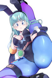 1girls aqua_eyes aqua_hair breasts bulma_(bunny) bulma_briefs bunny_ears bunnysuit dragon_ball dragon_ball_z eye_contact female_focus female_only hotvr leotard long_hair looking_at_viewer solo teenager thick_thighs white_background rating:Questionable score:227 user:Mukkypokky