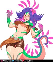 1girls allen_skies02 blush hair_ornament league_of_legends neeko nipples open_mouth partially_clothed solo standing tail white_background yellow_eyes rating:Explicit score:143 user:LukeSkyLuke