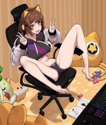 animal_ears barefoot brown_hair caught caught_masturbating chair computer deliciousmeatart double_v drooling feet legs_up spread_legs stealth_masturbation underboob v wet_fingers rating:Explicit score:213 user:Peanut162