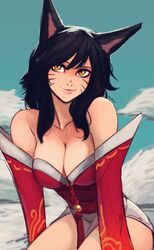 ahri big_breasts black_hair blush fluffy fluffy_tail fox_ears fox_girl fox_tail kitsune league_of_legends looking_at_viewer multiple_tails pink_lips raichiyo33 red_outfit riot_games smile smiling smiling_at_viewer twitter twitter_username vastaya yellow_eyes rating:Safe score:209 user:Lewddude69