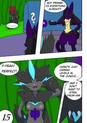 absurd_res anthro black_body black_fur blue_body blue_fur blush bodily_fluids chest_spike claws comic cute_fangs dialogue_box duo english_text facial_markings female fur genital_fluids gloves_(marking) grass head_markings hi_res kaito_ryuu khblacky97 legendary_pokémon lucario male male/female markings multicolored_body multicolored_fur nintendo open_mouth plant pokémon pokémon_(species) pokemon pokemon_unite prisma_(shylo50) purple_body purple_fur pussy_juice red_eyes scratching_head smile solo spikes spikes_(anatomy) sweat sweatdrop tan_body tan_fur text video_games zeraora rating:Explicit score:5 user:bot