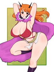 1girls afrobull alternate_breast_size alternate_costume ambiguous_background armpits arms_up beast_pirates beast_pirates_(cosplay) big_breasts breasts cape cleavage clothing erect_nipples erect_nipples_under_clothes female female_only female_solo flower fur_cape hair_flower hair_ornament high_resolution horns huge_breasts large_breasts leg_up long_hair looking_at_viewer microskirt nami navel nipples o-ring o-ring_top one_piece oni_horns orange_eyes orange_hair partially_clothed post-timeskip shounen_jump skirt smile solo solo_female strap_gap tattoo thick_thighs thighs very_high_resolution rating:Explicit score:350 user:Cranium