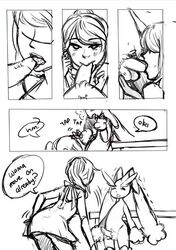  1boy1girl after_oral after_sex black_and_white comic cum_in_mouth dialogue hand_on_head lopunny nurse nurse_aurororora nurse_joy oral_sex pokephilia sketch swallowing_cum tagme  rating:explicit score: user:deleted107137