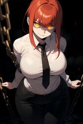 ai_generated big_breasts black_pants chains chainsaw_man daidouji_(artist) daidoujipv darkness from_above glowing_eyes long_sleeves looking_at_viewer makima_(chainsaw_man) necktie pants red_hair shirt short_hair smile tagme white_shirt yellow_eyes rating:Explicit score:41 user:goddamm2255