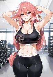 1girls after_workout ai_generated animal_ears armpits arms_up background belly blacked blacked_clothing blush breasts genshin_impact gym hair_ornament hi_res light-skinned_female partially_clothed pink_hair purple_eyes qos queen_of_spades standing sweat tagme tattoo thick_thighs truck_kun uncensored yae_miko rating:Explicit score:209 user:Disparity