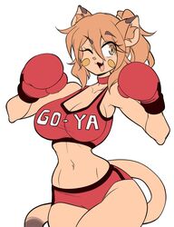 1girls big_breasts big_thighs boxing_gloves breasts brown_eyes choker cleavage clothing collar curvy eyebrows_visible_through_hair fang female female_only gloves goya_(lucyfercomic) long_tail lucyfercomic midriff one_eye_closed open_mouth original ponytail red_boxing_gloves red_choker red_clothing red_collar red_gloves red_shorts red_sports_bra shorts solo sports_bra sports_shorts sportswear tail text_on_clothing text_on_topwear thick thick_hips thick_thighs thighs tied_hair white_background wide_hips wink rating:Questionable score:16 user:Ifyfy