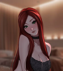 1girls black_bra black_lingerie choker eyelashes female female_focus female_only green_eyes katarina_du_couteau lace_bra league_of_legends light-skinned_female light_skin lipstick long_hair red_hair scar_across_eye shio_aw solo rating:Questionable score:48 user:mydickhurtaf