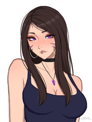 1girls choker dark_hair female female_focus female_only hoop_earrings jewelry kai'sa league_of_legends lip_bite long_hair shio_aw violet_eyes whisker_markings rating:Questionable score:52 user:mydickhurtaf