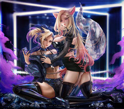 2girls ahri akali big_breasts black_thigh_boots black_thighhighs blonde_hair blue_eyes clothed female female_only fox_ears fox_girl fox_tail grabbing_breast k/da_ahri k/da_akali k/da_all_out_ahri k/da_all_out_akali k/da_all_out_series k/da_series league_of_legends looking_at_viewer on_floor phone purple_eyes reivash riot_games spread_legs tail thigh_boots thighhighs two_tone_hair yuri rating:Safe score:44 user:mydickhurtaf